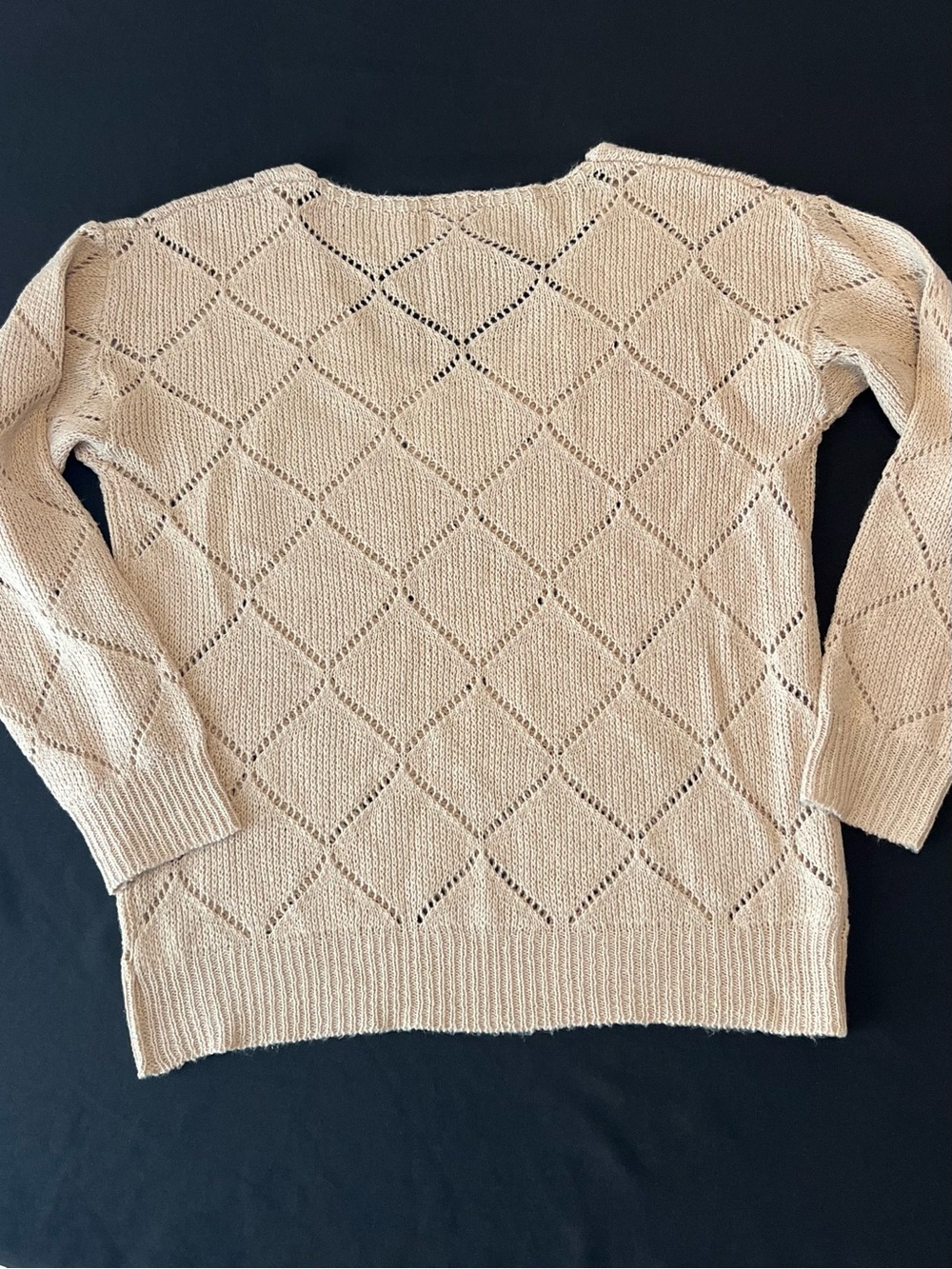 V-Neck Open Diamond Knit Light Sweater Beige Khaki Medium - Picture 3 of 7
